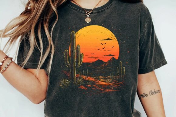 Download Vintage Desert Sunset Cactus Mountain Retro Graphic T-Shirt Design Png - Shirt design Collection